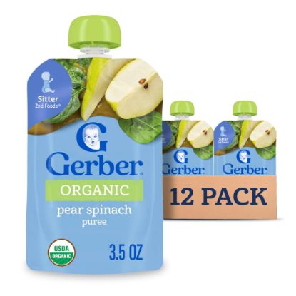 Picture of Gerber Stage 2 Baby Food, Organic Pear Spinach Puree Pouch, 2 Servings of Fruit and Veggie, No Added Sweetener, No Artificial Colors or Flavors, 12-Pack