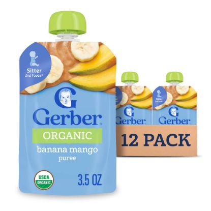 Picture of Gerber Stage 2 Baby Food, Organic Banana Mango Puree Pouch, 2 Servings of Fruit, No Added Sweetener, No Artificial Colors or Flavors, 12-Pack