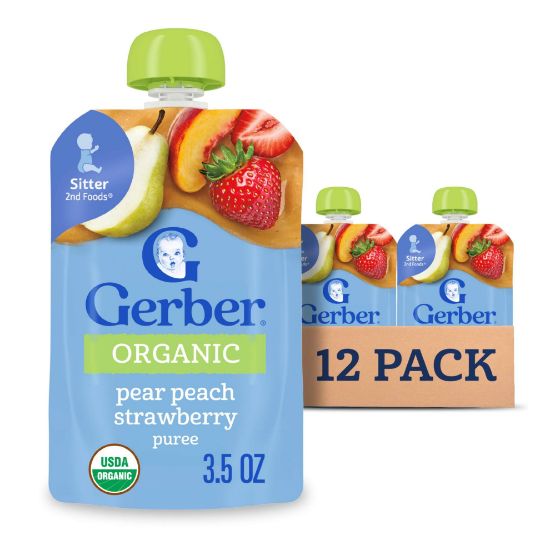 Picture of Gerber Stage 2 Baby Food, Organic Pear Peach Strawberry Puree Pouch, 2 Servings of Fruit, No Added Sweetener, No Artificial Colors or Flavors, 12-Pack