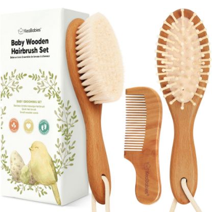 Picture of Baby Hair Brush and Comb Set for Newborn - Wooden Baby Hair Brush Set with Soft Goat Bristle, Baby Brush Set for Newborns, Baby Brush and Comb Set Girl, Boy, Toddler Cradle Cap Brush(Oval, Golden Oak)