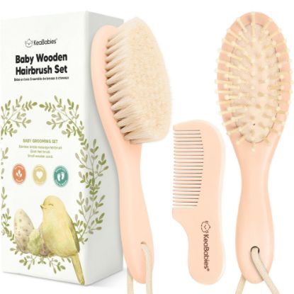 Picture of Baby Hair Brush and Comb Set for Newborn - Wooden Baby Hair Brush Set with Soft Goat Bristle, Baby Brush Set for Newborns, Baby Brush and Comb Set Girl, Boy, Toddler Cradle Cap Brush (Oval, Peach)