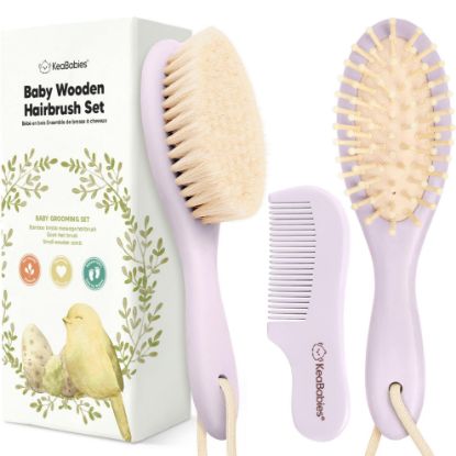 Picture of Baby Hair Brush and Comb Set for Newborn - Wooden Baby Hair Brush Set with Soft Goat Bristle, Baby Brush Set for Newborns, Baby Brush and Comb Set Girl, Boy, Toddler Cradle Cap Brush (Oval, Thistle)