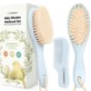 Picture of Baby Hair Brush and Comb Set for Newborn - Wooden Baby Hair Brush Set with Soft Goat Bristle, Baby Brush Set for Newborns, Baby Brush and Comb Set Girl, Boy, Toddler Cradle Cap Brush (Oval, Frost)