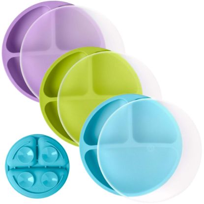 Picture of WeeSprout Suction Plates with Lids for Babies & Toddlers - 100% Silicone, Dinnerware Stays Put, Divided Design for Picky Eaters, Microwave & Dishwasher Friendly, 3 Pack