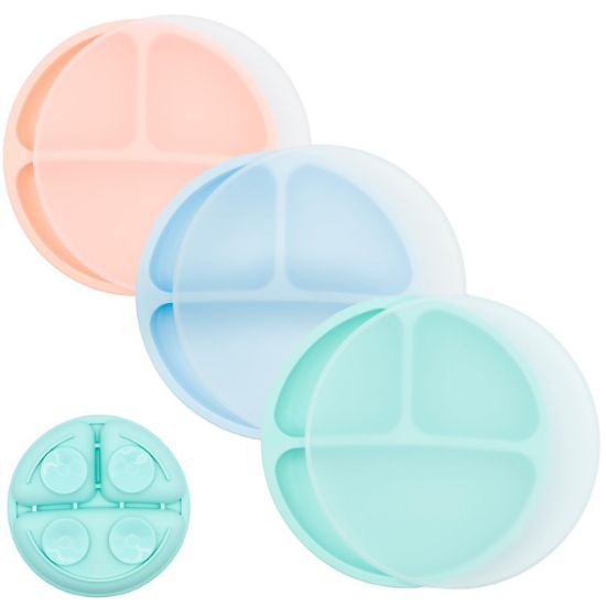 Picture of WeeSprout Suction Plates for Babies With Lids & Toddlers - 100% Silicone, Dinnerware Stays Put, Divided Design for Picky Eaters, Microwave & Dishwasher Friendly, 3 Pack