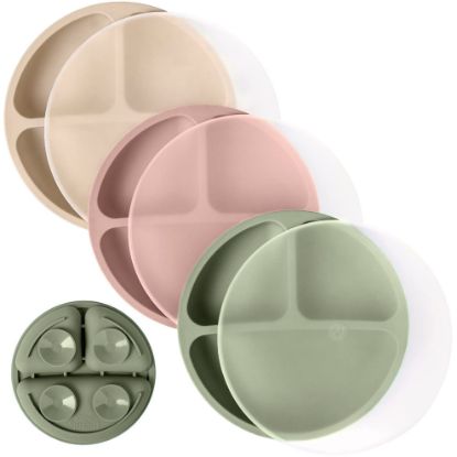Picture of WeeSprout Suction Plates with Lids for Babies & Toddlers - 100% Silicone, Dinnerware Stays Put, Divided Design for Picky Eaters, Microwave & Dishwasher Friendly, 3 Pack