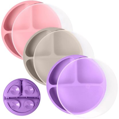 Picture of WeeSprout Suction Plates with Lids for Babies & Toddlers - 100% Silicone, Dinnerware Stays Put, Divided Design for Picky Eaters, Microwave & Dishwasher Friendly, 3 Pack