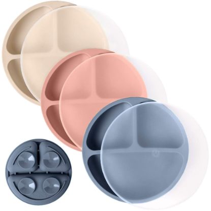 Picture of WeeSprout Suction Plates with Lids for Babies & Toddlers - 100% Silicone, Dinnerware Stays Put, Divided Design for Picky Eaters, Microwave & Dishwasher Friendly, 3 Pack