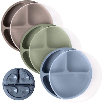Picture of WeeSprout Suction Plates with Lids for Babies & Toddlers - 100% Silicone, Dinnerware Stays Put, Divided Design for Picky Eaters, Microwave & Dishwasher Friendly, 3 Pack