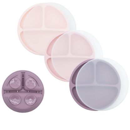 Picture of WeeSprout Suction Plates with Lids for Babies & Toddlers, 100% Silicone Dinnerware Stays Put, Divided Design for Picky Eaters, Microwave & Dishwasher Friendly, 3 Pack (Matte Pink, Purple, Blush Pink)