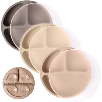 Picture of WeeSprout Suction Plates with Lids for Babies & Toddlers - 100% Silicone, Dinnerware Stays Put, Divided Design for Picky Eaters, Microwave & Dishwasher Friendly, 3 Pack