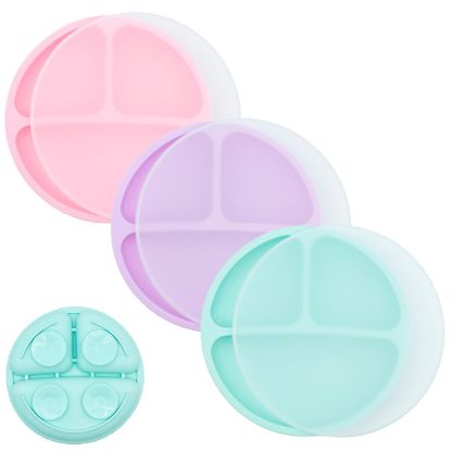 Picture of WeeSprout Suction Plates for Babies With Lids & Toddlers - 100% Silicone, Dinnerware Stays Put, Divided Design for Picky Eaters, Microwave & Dishwasher Friendly, 3 Pack