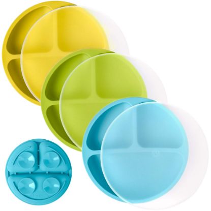 Picture of WeeSprout Suction Plates with Lids for Babies & Toddlers - 100% Silicone, Dinnerware Stays Put, Divided Design for Picky Eaters, Microwave & Dishwasher Friendly, 3 Pack