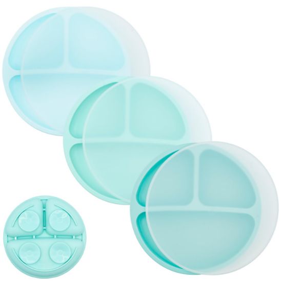 Picture of WeeSprout Suction Plates for Babies With Lids & Toddlers - 100% Silicone, Dinnerware Stays Put, Divided Design for Picky Eaters, Microwave & Dishwasher Friendly, 3 Pack