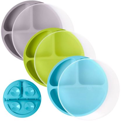 Picture of WeeSprout Suction Plates with Lids for Babies & Toddlers - 100% Silicone, Dinnerware Stays Put, Divided Design for Picky Eaters, Microwave & Dishwasher Friendly, 3 Pack