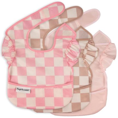 Picture of Tiny Twinkle Mess-Proof Baby Bib - Waterproof Bib for Baby Girl - Machine Washable - Adjustable Closure - PFAS, PVC, BPA, Phthalate Free - Baby Food Bibs (3 Pack, Checkers Girl)