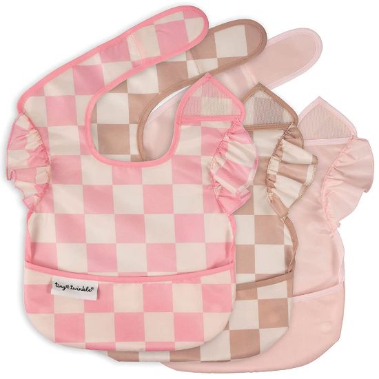 Picture of Tiny Twinkle Mess-Proof Baby Bib - Waterproof Bib for Baby Girl - Machine Washable - Adjustable Closure - PFAS, PVC, BPA, Phthalate Free - Baby Food Bibs (3 Pack, Checkers Girl)