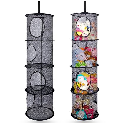 Picture of Basumee Stuffed Animals Net or Hammock 2 Pcs Stuffed Animals Storage Toy Net Hammock for Stuffed Animals Organizer Mesh Hammock Kids Girls Room Decor, Black, 4 Tiers