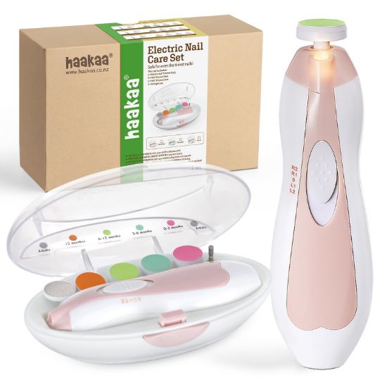 Picture of haakaa Baby Nail Trimmer Electric Safe Baby Nail Clippers Baby Nail File Kit Manicure Set, Trim Polish Grooming kit for Newborn Toddler or Adults Toes Fingernails, 6 Grinding Heads and LED Light