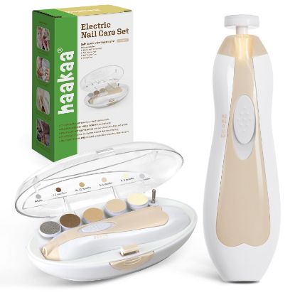 Picture of haakaa Baby Nail Care Electric Baby Nail File Kit with LED Light, Baby Nail Clippers for Newborn/Infants/Adults Toenails and Fingernails, 6 Replacement Heads & Storage Case, Acorn