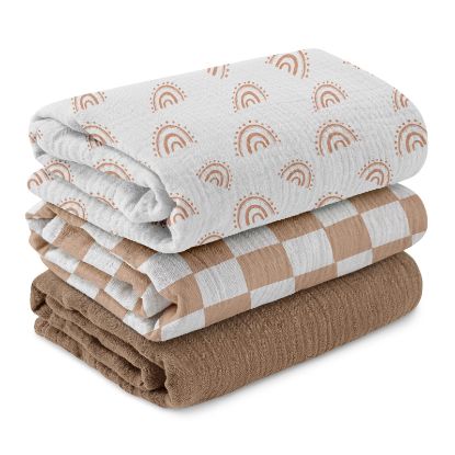 Picture of Muslin Swaddle Blankets for Newborn, 3 Pack Breathable Soft Receiving Blanket, Large 38 x 40 inches Swaddle Wrap Burping Clothes Diapers, Essentials Infant Shower Items, Toddler Gift (Rainbow & Grid)