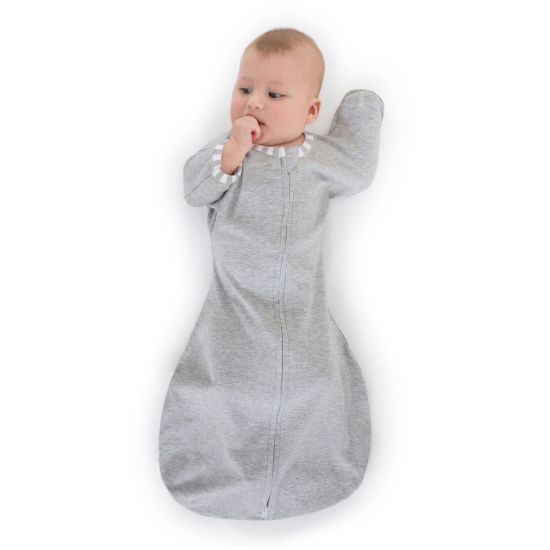 Picture of SwaddleDesigns Transitional Swaddle Sack, Arms Up Half-Length Sleeves & Mitten Cuffs, Swaddle for Newborn Transition to Baby Sleep Sack Wearable Blanket, 0-3 Month, 6-14 lb, Gray with Striped Trim