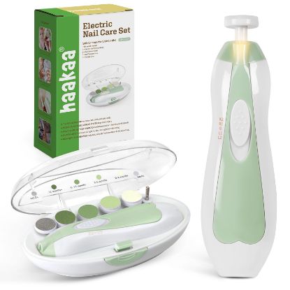 Picture of haakaa Baby Nail File Electric Baby Nail Care Set with LED Light, Baby Nail Clippers for Newborn/Infants/Adults Toenails and Fingernails, 6 Replacement Heads & Storage Case, Green