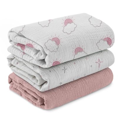 Picture of Muslin Swaddle Blankets for Newborn, 3 Pack Breathable Soft Receiving Blanket, Large 38 x 40 inches Swaddle Wrap Burping Clothes Diapers, Essentials Infant Shower Items, Toddler Gift (Clouds & Stars)