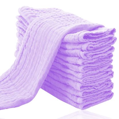 Picture of Cute Castle 12 Pack Muslin Burp Cloths for Baby - Ultra-Soft 100% Cotton Baby Washcloths - Large 20'' by 10'' Super Absorbent Milk Spit Up Rags - Burpy Cloths for Unisex, Boy, Girl - Purple