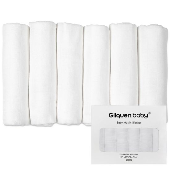 Picture of GLLQUEN BABY Receiving Blanket Boy Cotton Muslin Swaddle Blankets Girl Newborn Squares Breathable & Soft Thin Baby Blankets Cloths Double Absorbent Infant Swaddling Wrap - 6 Pack (White)
