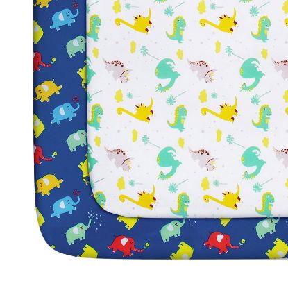 Picture of Pack and Play Sheets Boys, 2 Pack Mini Crib Sheets, Stretchy Playard Fitted Sheet, Compatible with Graco Pack n Play, Soft and Breathable Material, Dinosaur & Elephant