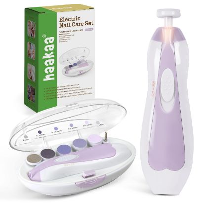 Picture of haakaa Baby Nail Trimmer Electric Baby Nail File Kit with LED Light, Baby Nail Clippers for Newborn/Infants/Adults Toenails and Fingernails, 6 Replacement Heads & Storage Case, Lavender