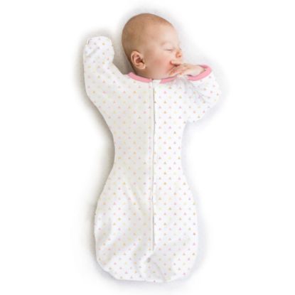 Picture of SwaddleDesigns Transitional Swaddle Sack, Arms Up Half-Length Sleeves & Mitten Cuffs, Swaddle for Newborn Transition to Baby Sleep Sack Wearable Blanket, Small, 0-3 mo, 6-14 lb, Pink Tiny Triangles