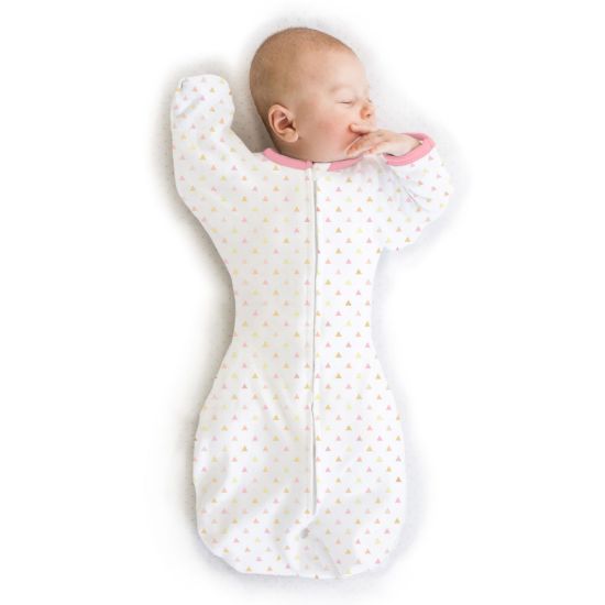 Picture of SwaddleDesigns Transitional Swaddle Sack, Arms Up Half-Length Sleeves & Mitten Cuffs, Swaddle for Newborn Transition to Baby Sleep Sack Wearable Blanket, Small, 0-3 mo, 6-14 lb, Pink Tiny Triangles
