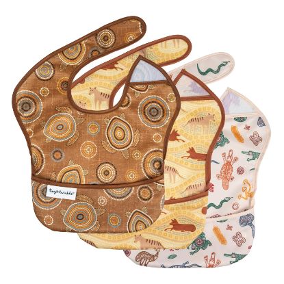 Picture of Tiny Twinkle Mess-Proof Baby Bib - Waterproof Bib for Baby Girl or Boy- Machine Washable - Adjustable Closure - PVC, BPA, & Phthalate Free - Great for Travel - Baby Food Bibs (3 Pack,Aboriginal)