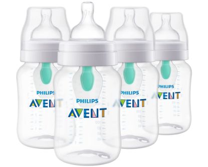 Picture of Philips Avent Anti-Colic Baby Bottle with AirFree Vent, 9oz, with Flow 2 Nipples, 1m+, 4pk, Clear, SCY703/04