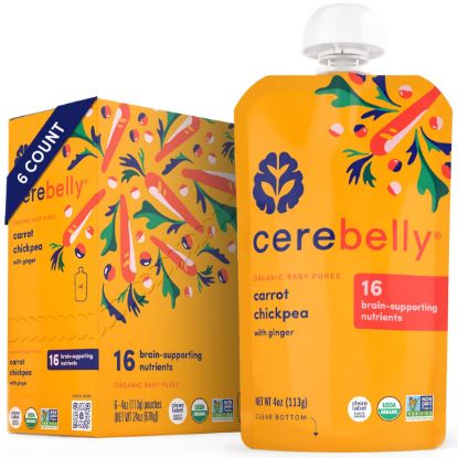 Picture of Cerebelly Organic Baby Food Pouches - 6+ Months Organic Veggie Pouches | 16 Nutrients, No Added Sugar, Non-GMO | Toddler Pouches | 4 Ounce BPA-Free Baby Pouches | Carrot Chickpea | 6 Count