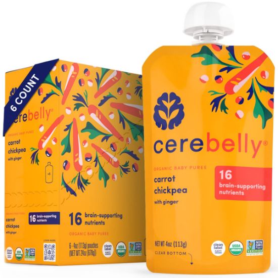 Picture of Cerebelly Organic Baby Food Pouches - 6+ Months Organic Veggie Pouches | 16 Nutrients, No Added Sugar, Non-GMO | Toddler Pouches | 4 Ounce BPA-Free Baby Pouches | Carrot Chickpea | 6 Count