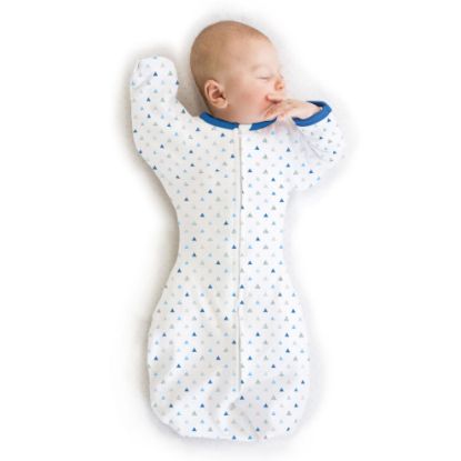 Picture of SwaddleDesigns Transitional Swaddle Sack, Arms Up Half-Length Sleeves & Mitten Cuffs, Swaddle for Newborn Transition to Baby Sleep Sack Wearable Blanket, Small, 0-3 month, 6-14 lb, Blue Tiny Triangles