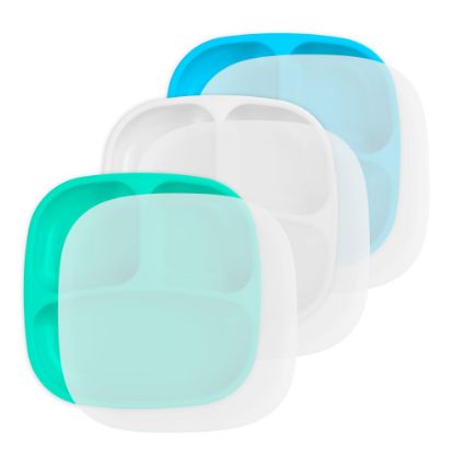 Picture of Re-Play Made in USA 7" Deep Walled Divided Plates for Kids, Set of 3 With 3 Lids - Reusable 3 Compartment Plates, Dishwasher and Microwave Safe - 7.37" x 7.37" x 1.25", Cool Breeze
