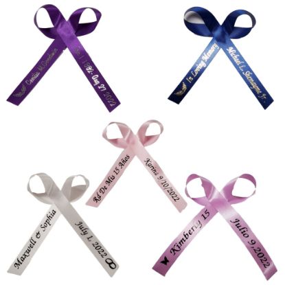 Picture of Personalized Ribbons for Bridal Shower Wedding Party Favors or Baby Showers - Custom Made Cut Ribbon Name 50 100 Optional Assembled Bows Safety Pins