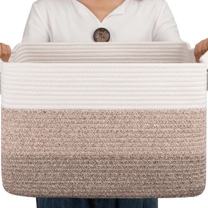Picture of OIAHOMY Cotton Rope Basket, Rectangle Woven Baskets for Storage, Nursery Blanket Basket Living Room, Toy Basket With Handle, Baskets for Organizing-17.7”x13.8”x11”-Gradient Yellow