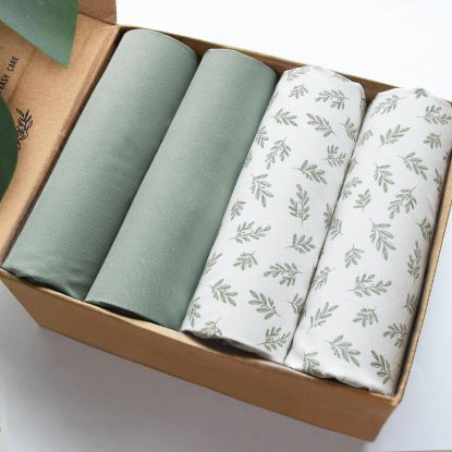 Picture of Mini Crib Sheets 4 Pack for Baby Boys & Girls, Neutral Mini Crib Sheet Fitted 38'' x 24'' for Standard Mattress, Ultra Soft Material Baby Mini Sheet, Aqua Leaf