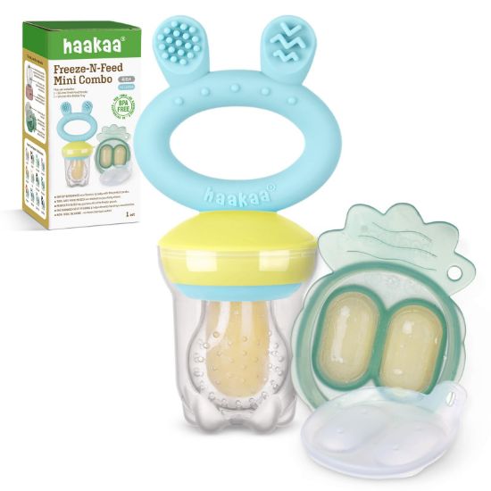 Picture of Haakaa Baby Fruit Food Feeder & Mini Freezer Nibble Tray Combo, Breastmilk Popsicle Molds for Baby Cooling Relief, BPA Free Silicone Feeder for Safe Infant Self Feeding, 4 Month+ (Blue)