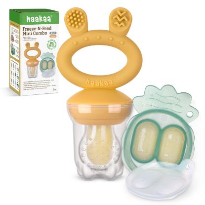 Picture of Haakaa Baby Fruit Food Feeder & Mini Freezer Nibble Tray Combo, Breastmilk Popsicle Molds for Baby Cooling Relief, BPA Free Silicone Feeder for Safe Infant Self Feeding, 4 Month+ (Mustard)