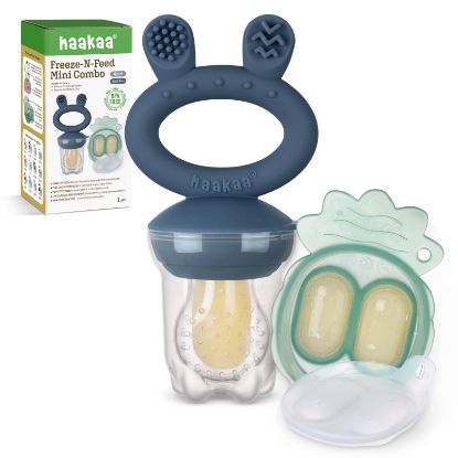 Picture of Haakaa Baby Fruit Food Feeder & Mini Freezer Nibble Tray Combo, Breastmilk Popsicle Molds for Baby Cooling Relief, BPA Free Silicone Feeder for Safe Infant Self Feeding, 4 Month+ (Steel Blue)