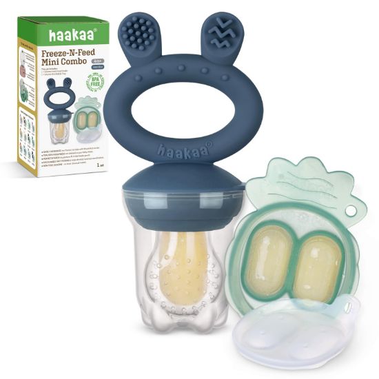 Picture of Haakaa Baby Fruit Food Feeder & Mini Freezer Nibble Tray Combo, Breastmilk Popsicle Molds for Baby Cooling Relief, BPA Free Silicone Feeder for Safe Infant Self Feeding, 4 Month+ (Steel Blue)