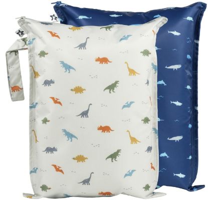 Picture of Tiny Twinkle Mess-proof Waterproof Wet Dry Bag | 2 Pack Reusable for Swimsuits, Gym & Baby Clothes | Leakproof Wet Clothes Bag, Beach Travel Essentials (Dinosaur, Ocean Life)