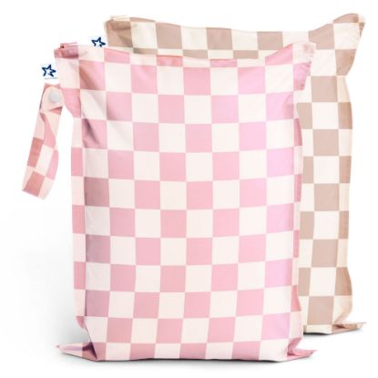 Picture of Tiny Twinkle Mess-proof Waterproof Wet Dry Bag | 2 Pack Reusable for Swimsuits, Gym & Baby Clothes | Leakproof Wet Clothes Bag, Beach Travel Essentials (Pink, Brown Checkers)