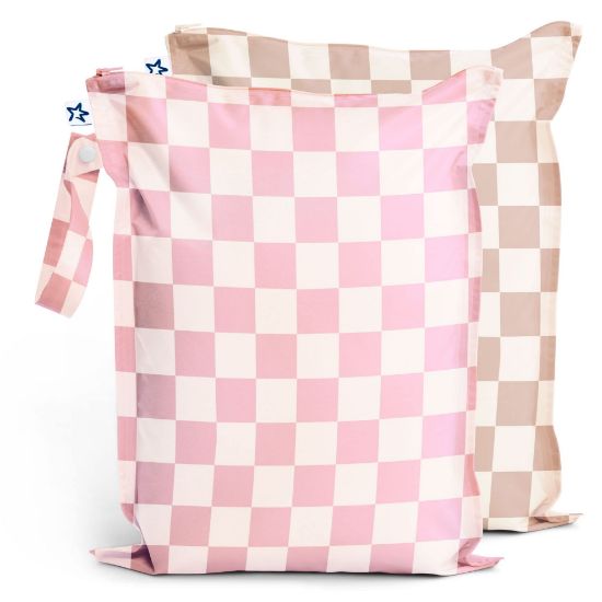 Picture of Tiny Twinkle Mess-proof Waterproof Wet Dry Bag | 2 Pack Reusable for Swimsuits, Gym & Baby Clothes | Leakproof Wet Clothes Bag, Beach Travel Essentials (Pink, Brown Checkers)